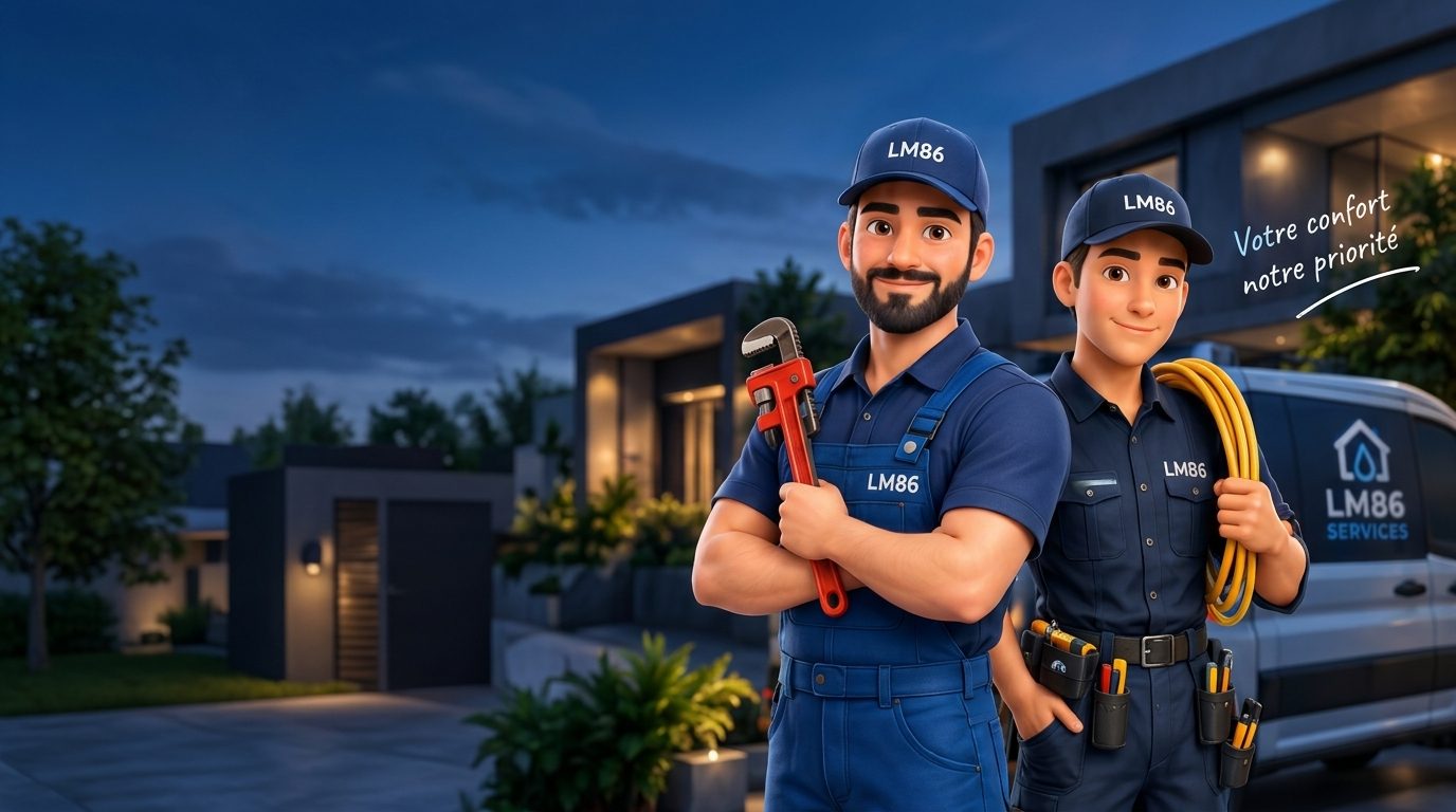 Deux techniciens LM86 Services devant leur fourgon, l'un avec une cle a molette, l'autre avec un rouleau de cable electrique.